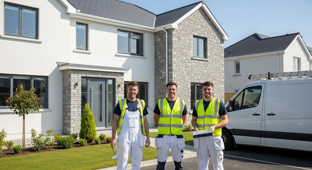 Group of Painters Gathering In front a newly painted house