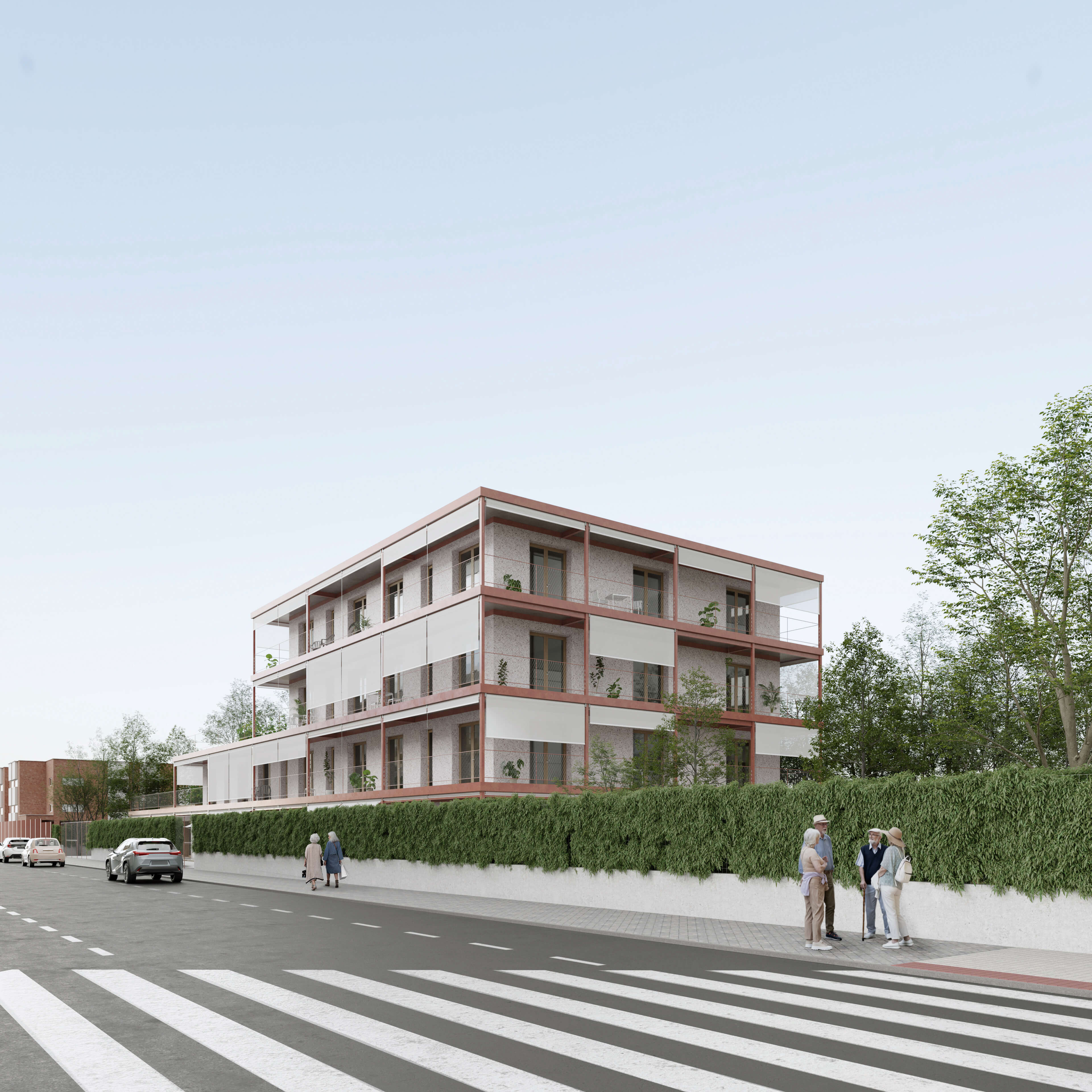 Residential building facade with balconies and greenery