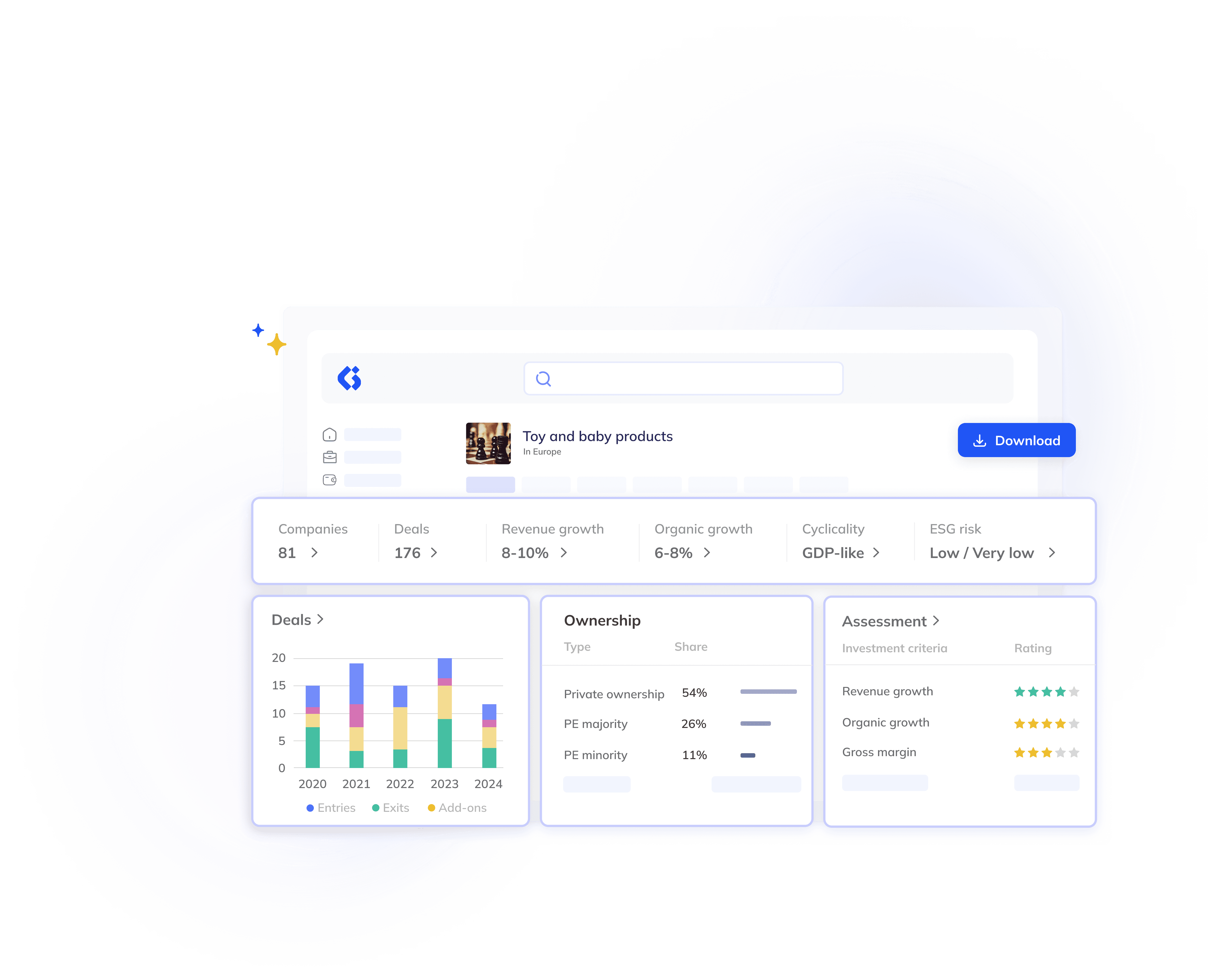 A digital dashboard displays analytics for toy and baby products, including company stats, deal data, growth rates, ownership, and assessment criteria with visual charts and ratings.