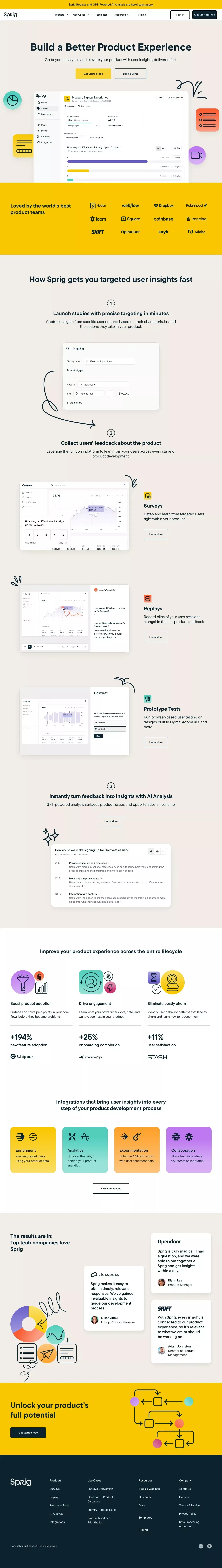 Sprig landing page screenshot showcasing Tech and Marketing design