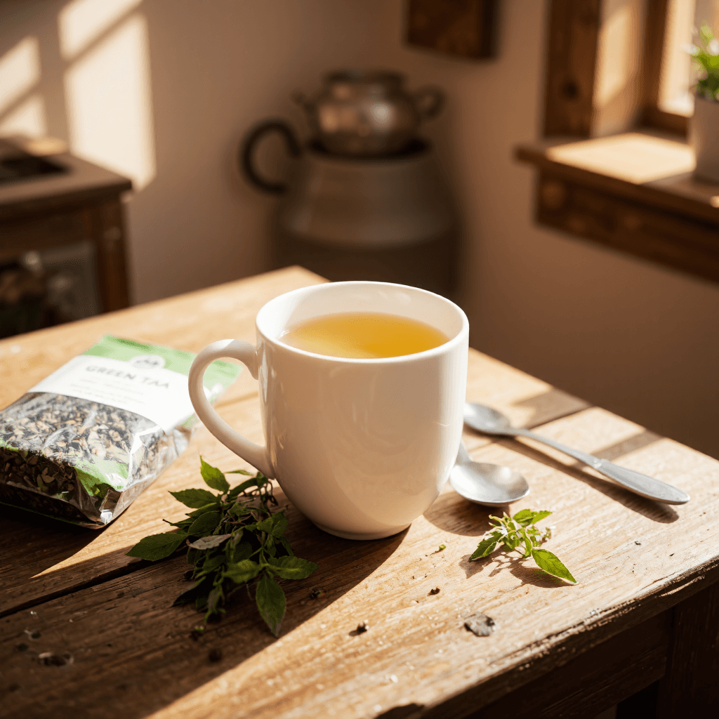 product photography of a cup of herbal tea with a tea bag