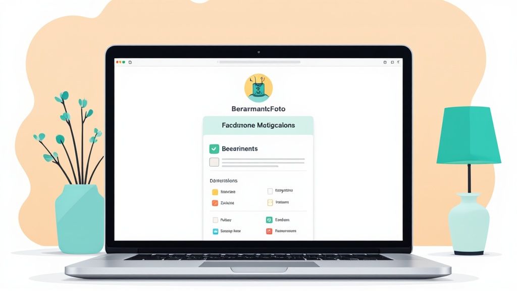 Ein Laptop zeigt eine Webseite mit einem Profilbild, Namen und Checkbox-Optionen. Eine Pflanze und Lampe schmücken den Schreibtisch.