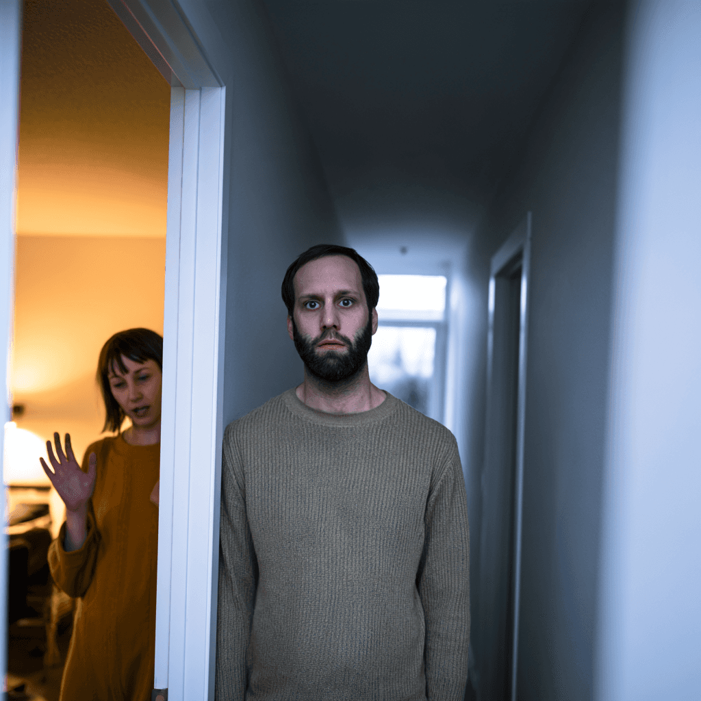 A man standing silently in a hallway doorway while his partner talks behind him