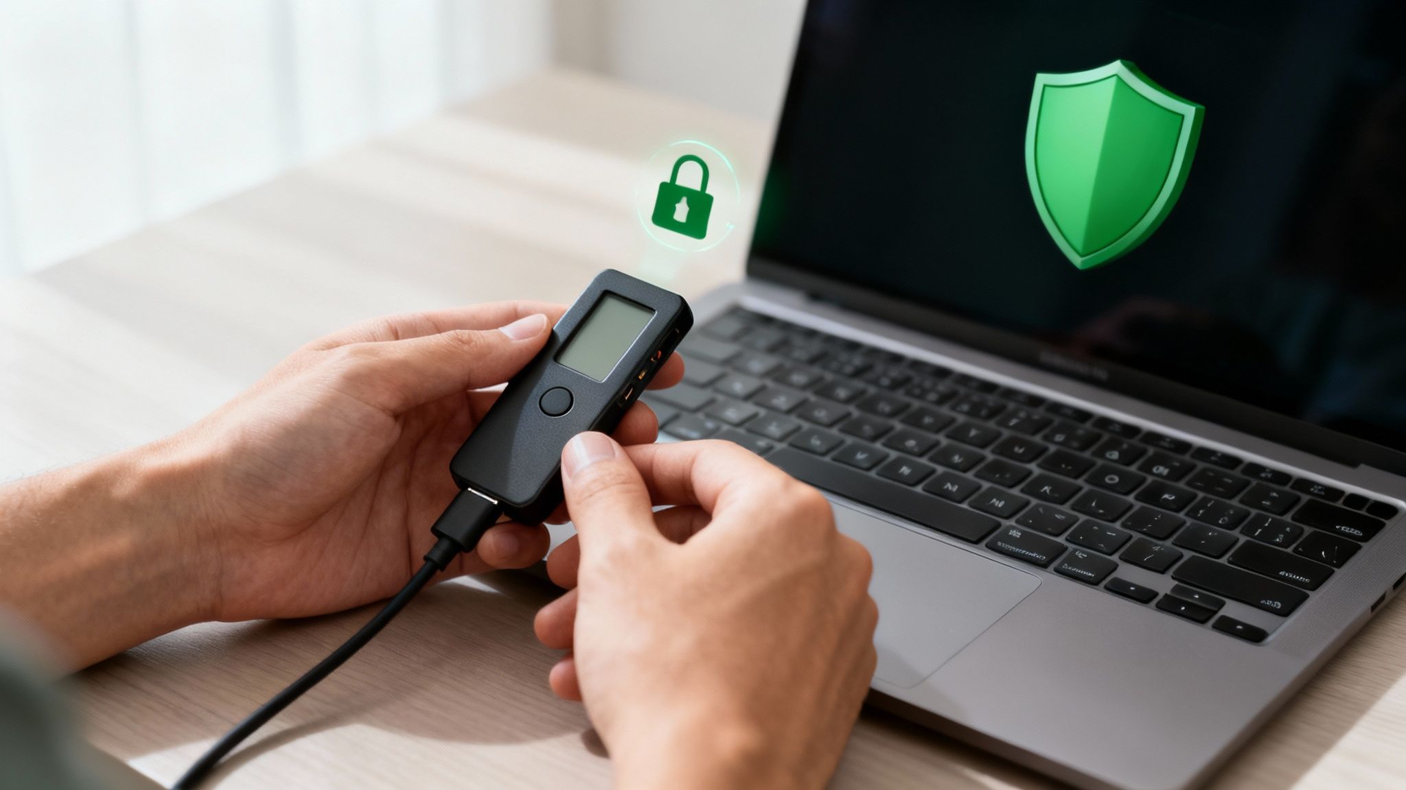 Hands connect a black hardware security key to a laptop showing a padlock and shield.