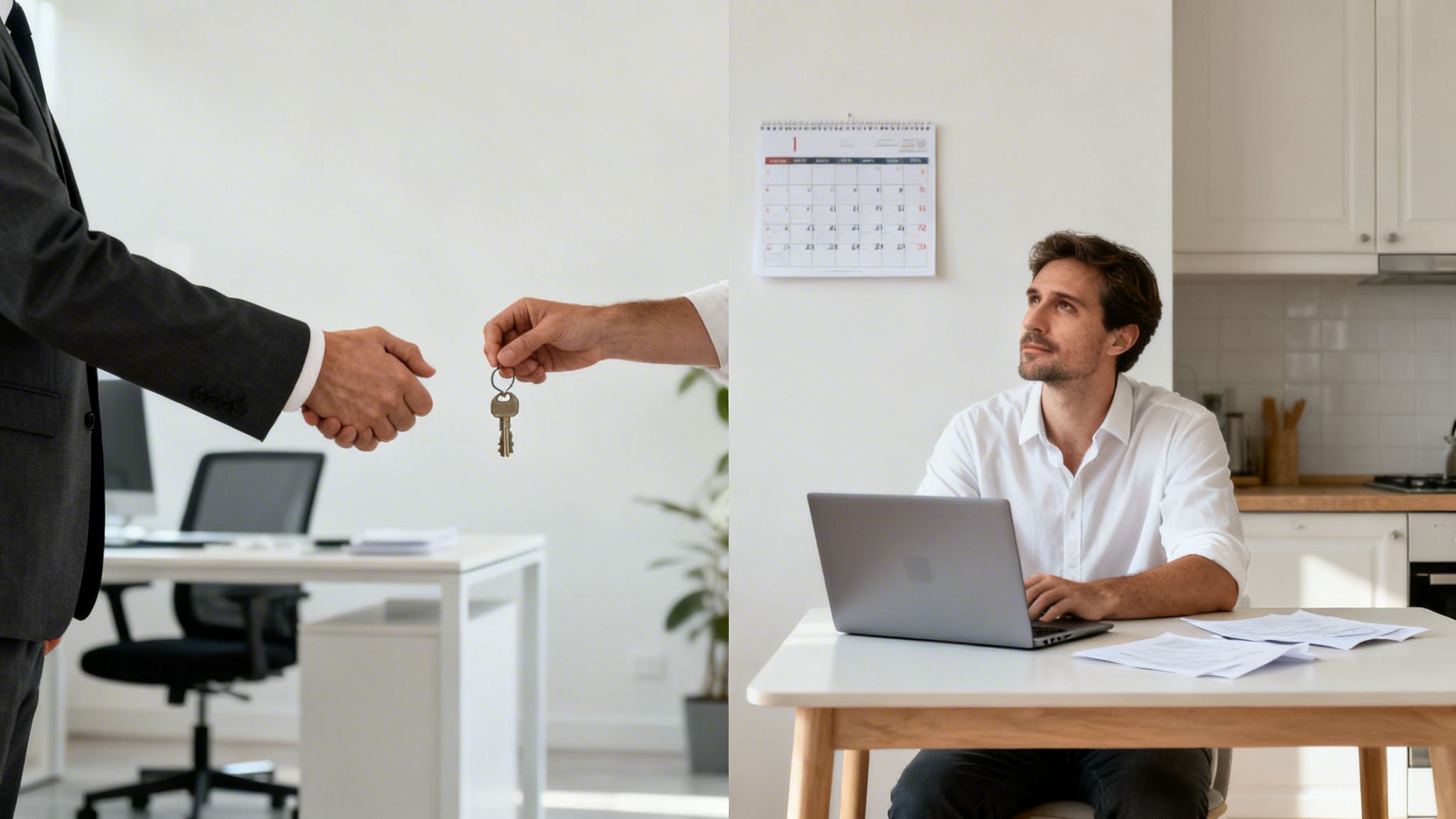 Två män skakar hand, en får nycklar, medan en annan man planerar med dator och kalender.