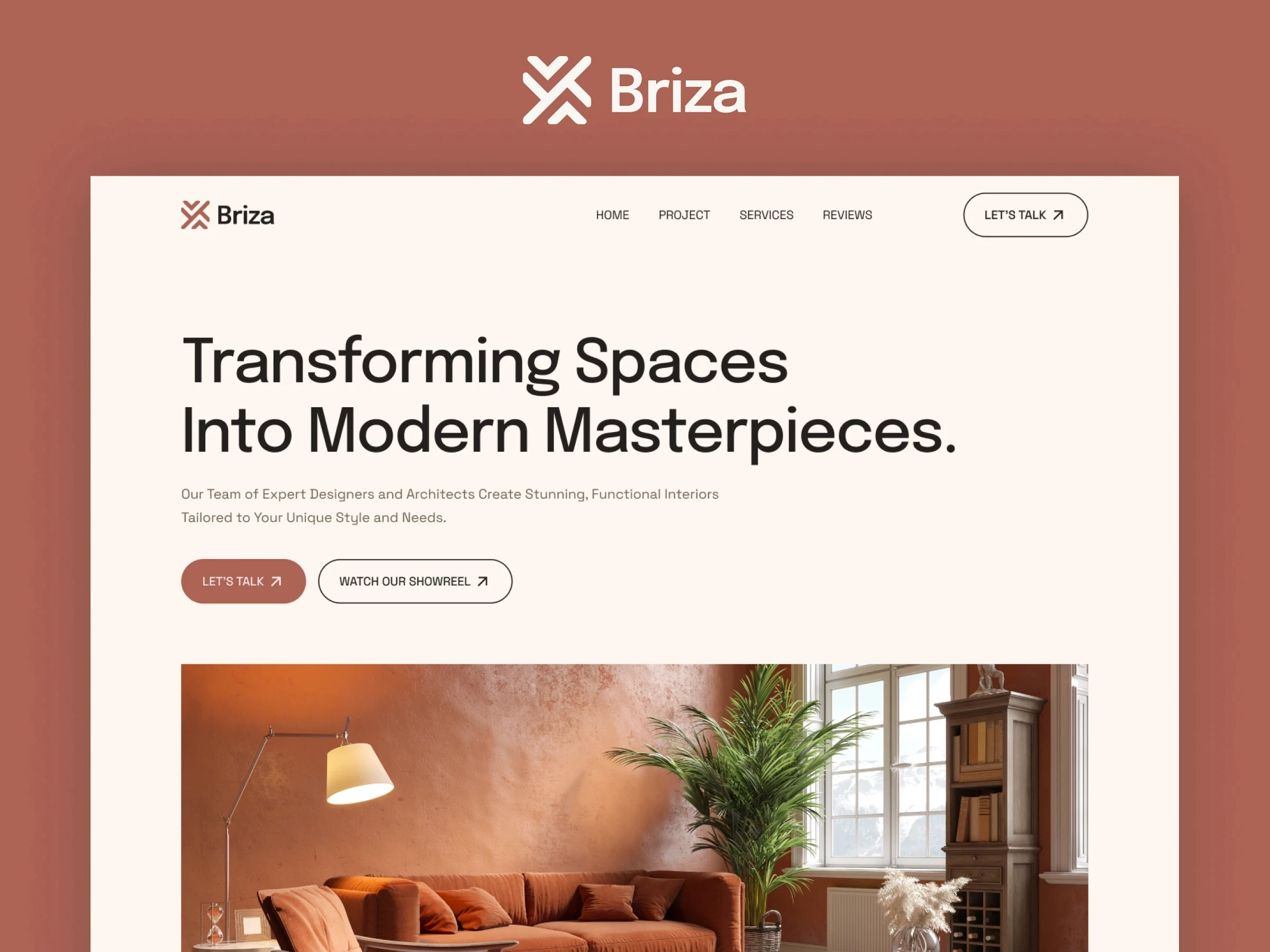 Briza interior design website template featuring a modern living room with rust-colored decor.