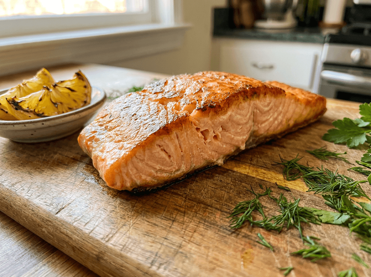 Cooked salmon fillet rich in protein and omega-3 fatty acids