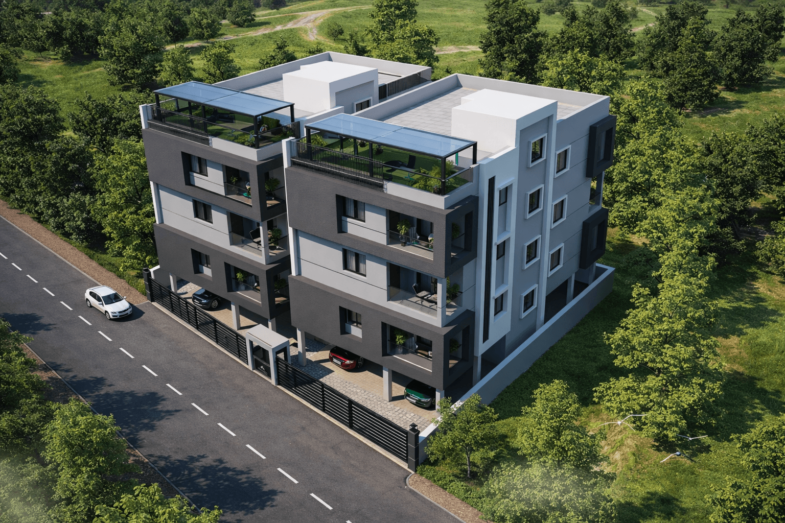 contemporary glass home with lawn