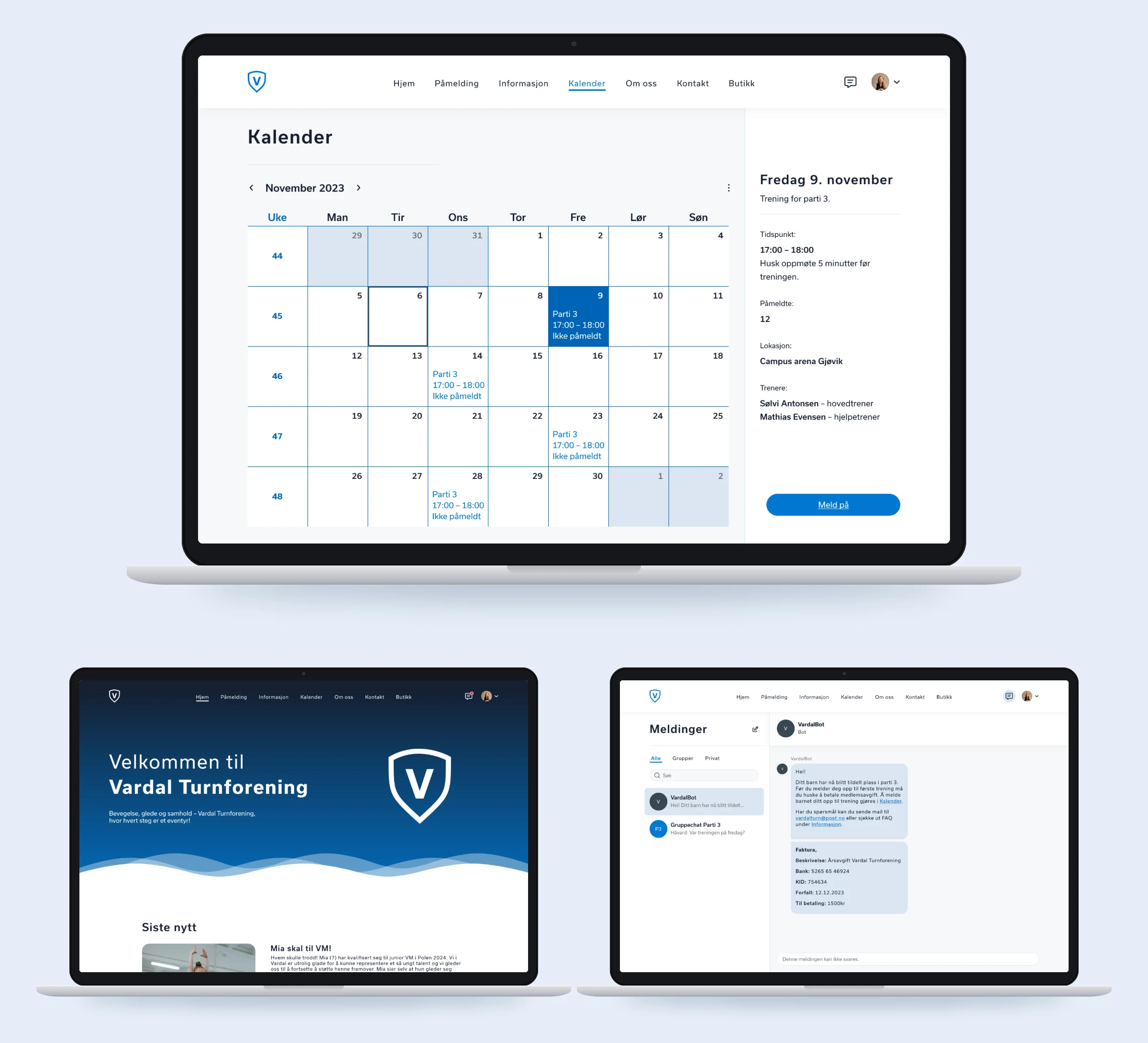 The parent-facing desktop version of the Vardal prototype on three laptops: large on top, the November 2023 calendar with Friday 9 November selected, the session details and a Meld på (sign up) button; below, the Hjem welcome page and Meldinger with a VardalBot message confirming a place in Parti 3 and the membership invoice.