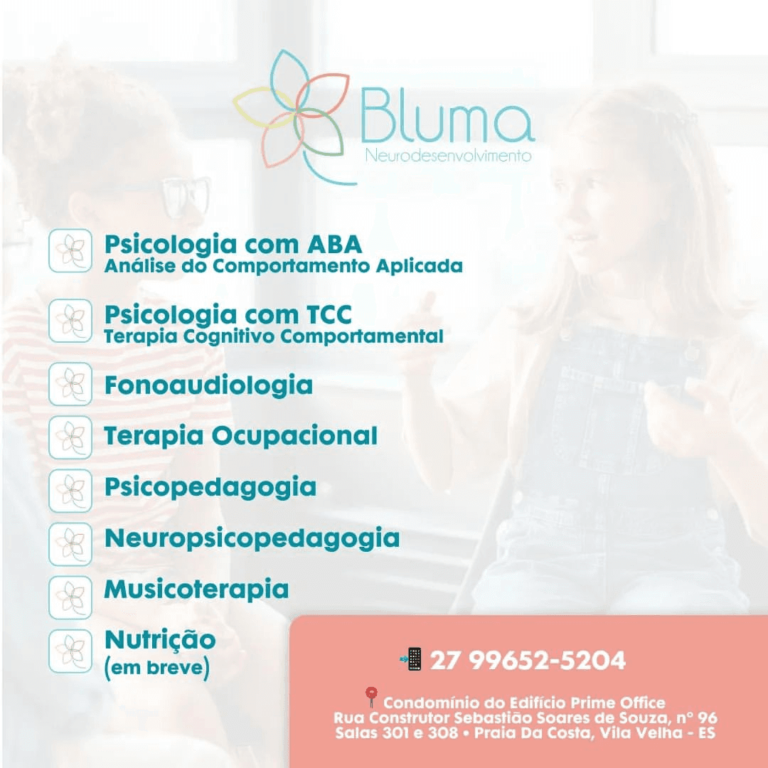 Clínica Bluma Neurodesenvolvimento - Serviços especializados para crianças, como Psicologia com ABA, Terapia Ocupacional, Fonoaudiologia, Psicopedagogia, Musculoterapia e Nutrição. Nosso atendimento interdisciplinar é focado no desenvolvimento infantil e no apoio a transtornos de aprendizagem, com uma equipe qualificada para oferecer um acompanhamento completo para crianças.