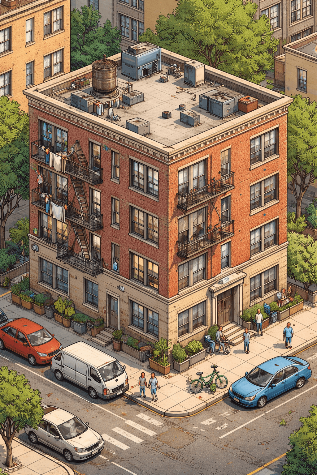 An exterior shot of a lively urban apartment building