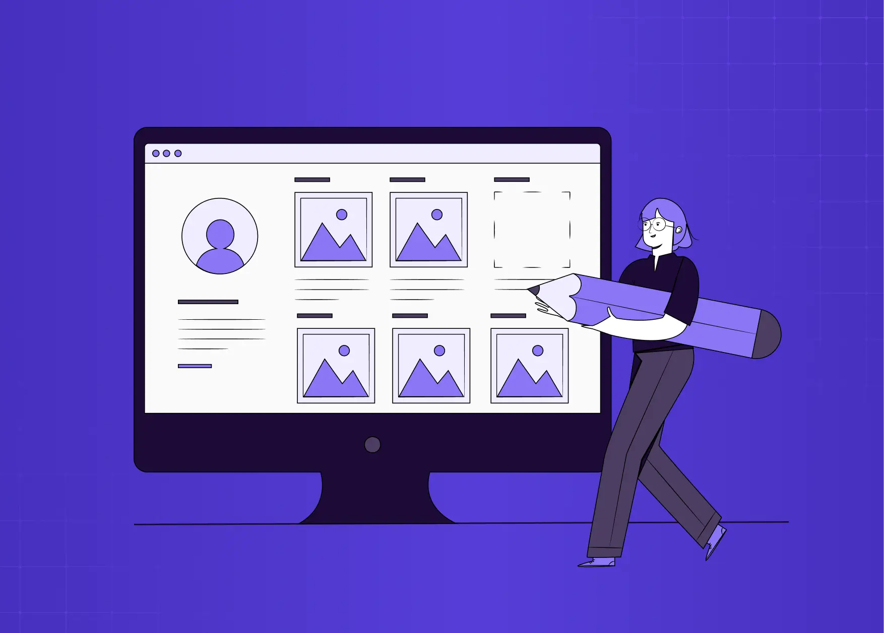 Illustration of a designer creating and arranging interface components on a digital dashboard, representing the UI/UX design process.