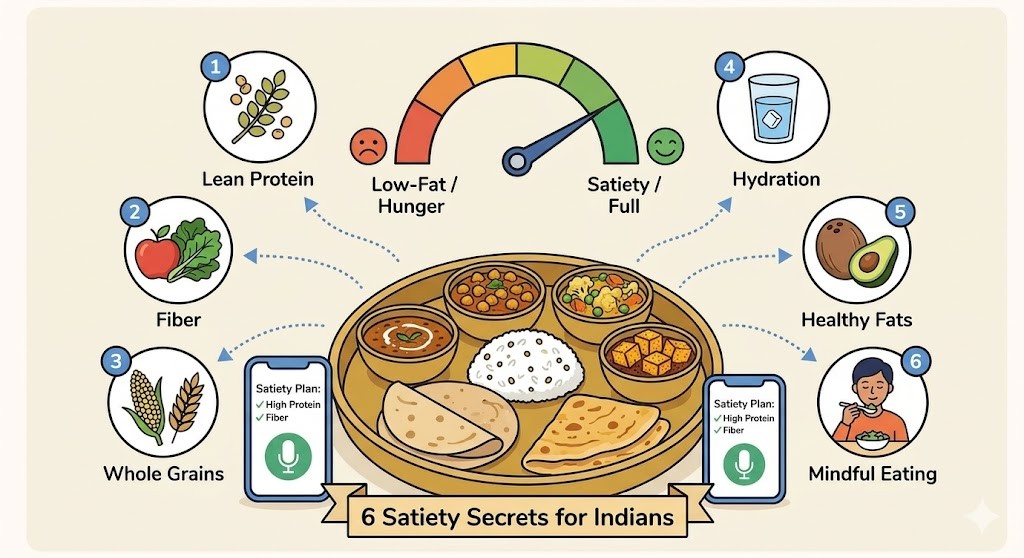 Infographic detailing '6 Satiety Secrets for Indians' to combat hunger on a low-fat diet, featuring healthy food categories like Lean Protein, Fiber, Whole Grains, and Healthy Fats, with a satiety meter and meal tracking app icons in a clean line-art style