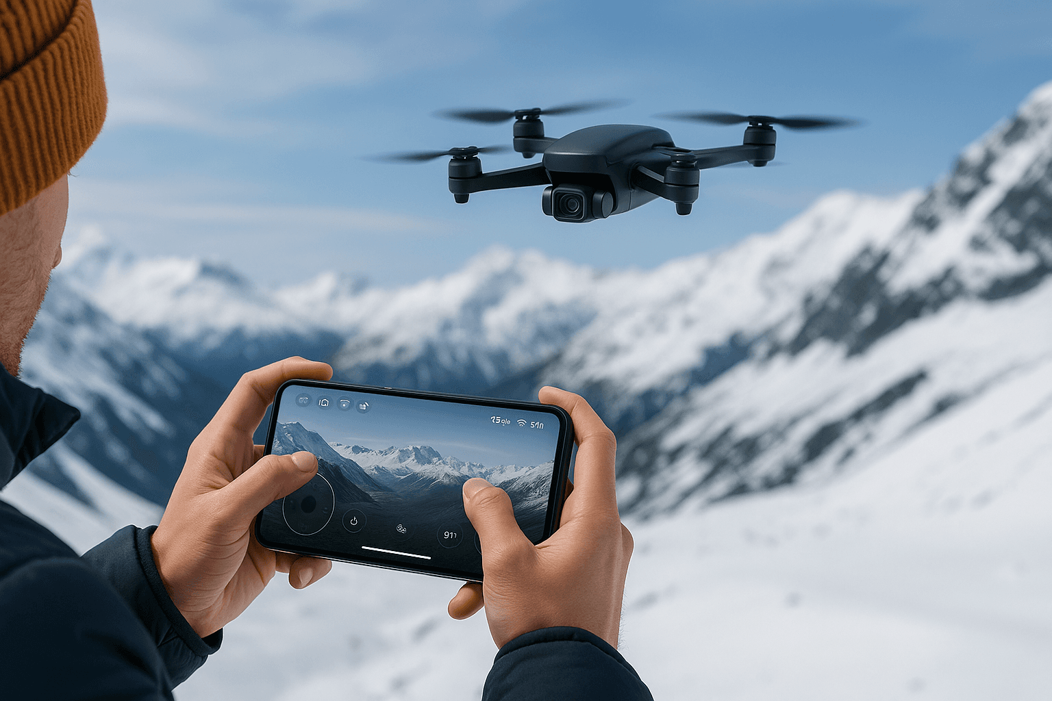 A person operates a high-tech drone with a smartphone controller, capturing stunning aerial views of snow-covered mountains and a clear blue sky.
