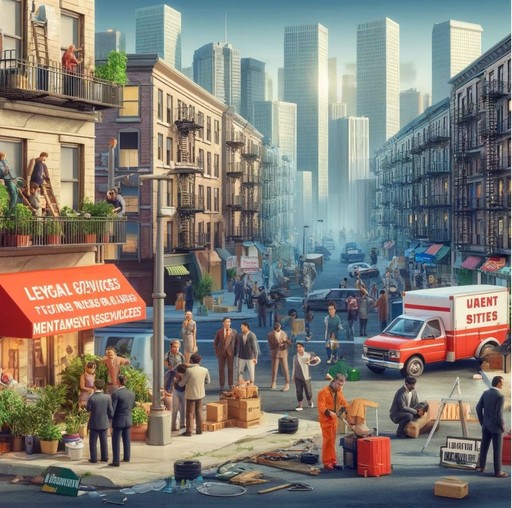 The image portrays a busy urban street scene with a mix of classical and modern architecture. People are engaged in various activities: conversing, walking, and sitting at an outdoor cafe under a sign that reads "LEGAL SERVICES." In the background, modern skyscrapers loom, suggesting a city that blends the traditional with the contemporary. The street is bustling with life and commerce, as evidenced by the street vendors, a delivery truck with "UAENT SITES" written on it, and people carrying out their daily routines. There's also a sense of community maintenance and care, with a person in orange work clothes seemingly fixing or working on the street fixtures.