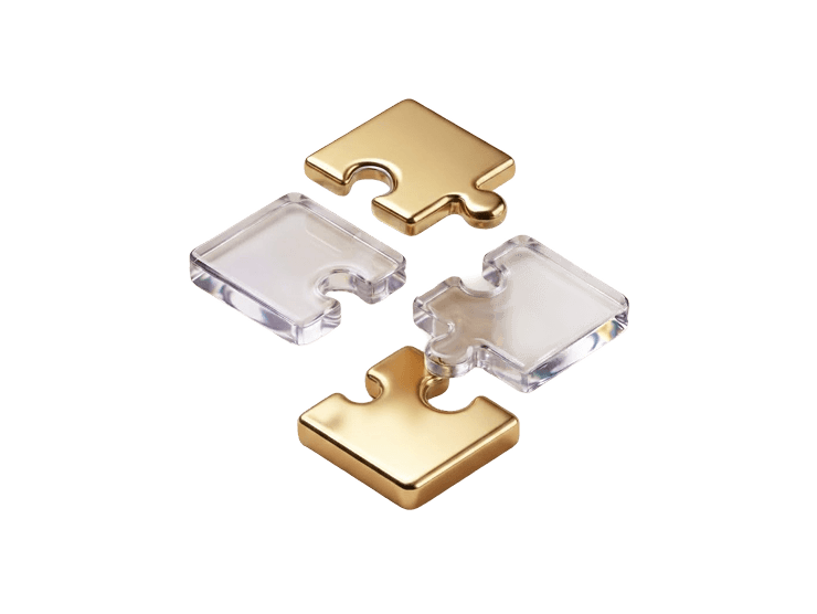 four gold and glass puzzle pieces interlocking together, small scale view.