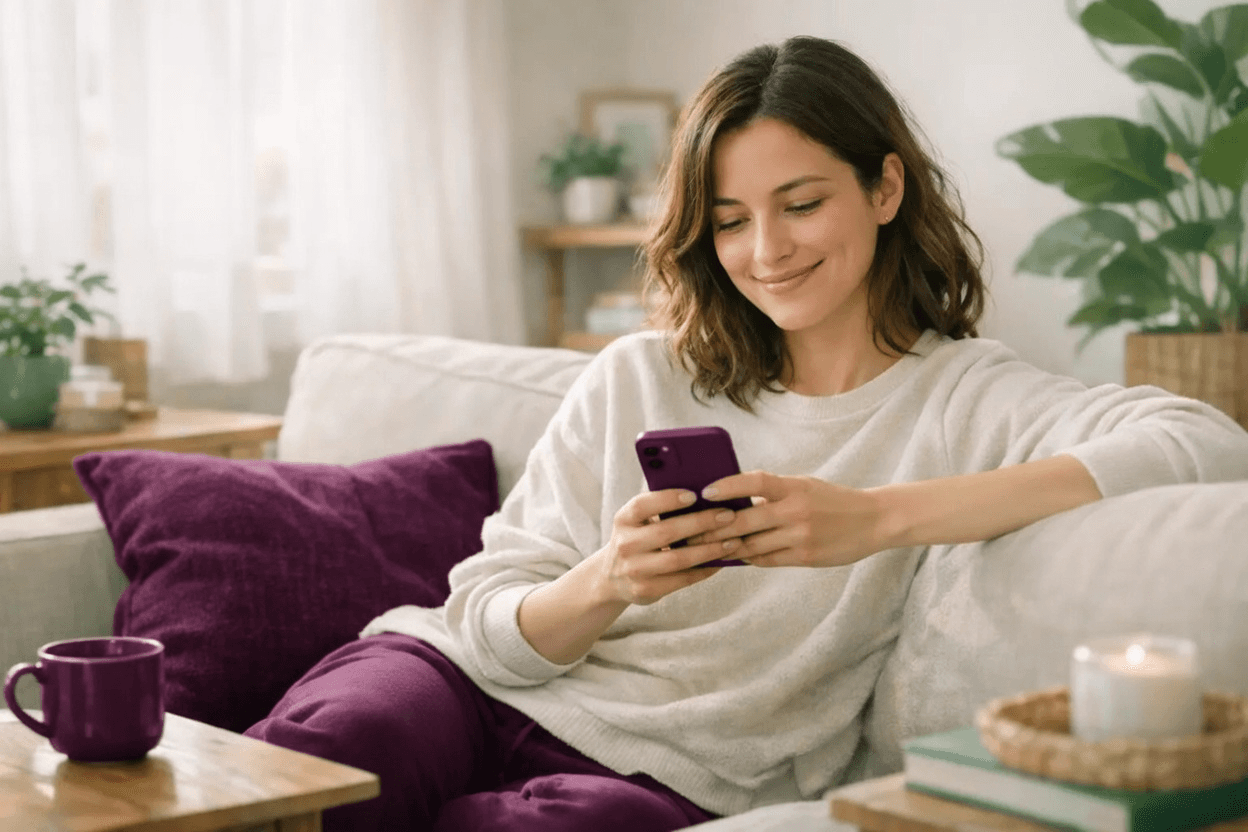 Woman smiling while texting on her phone on a cozy couch at home