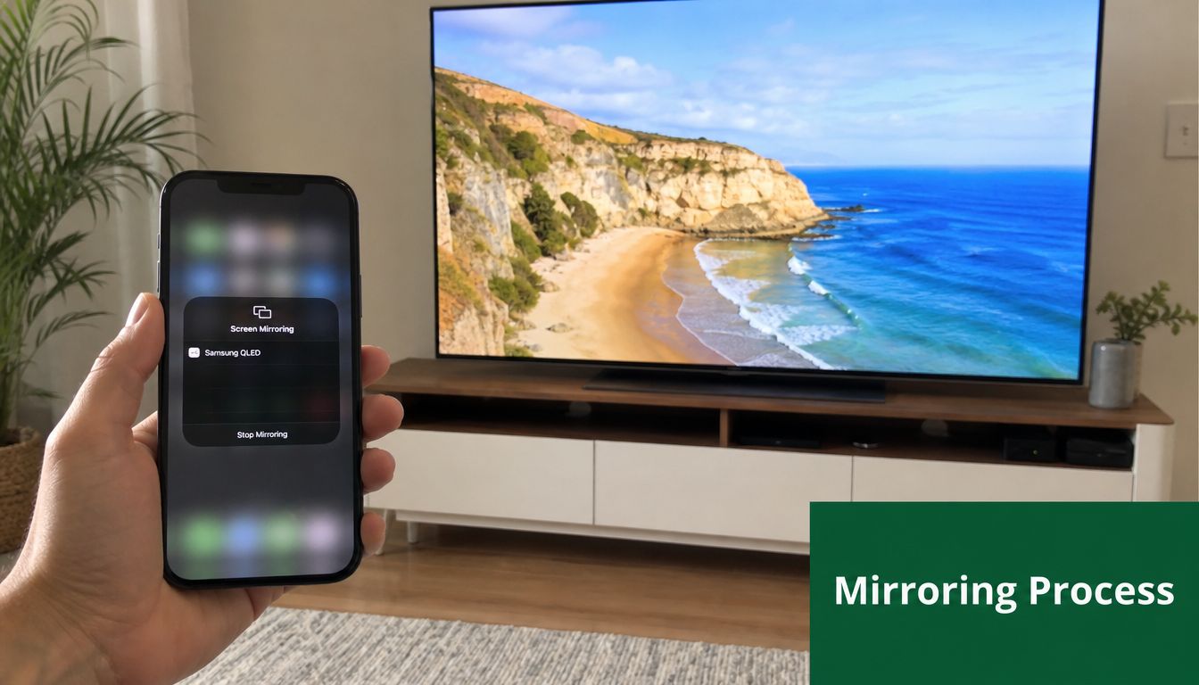 A person holding a smartphone showing the screen mirroring menu connected to a large Samsung QLED TV.
