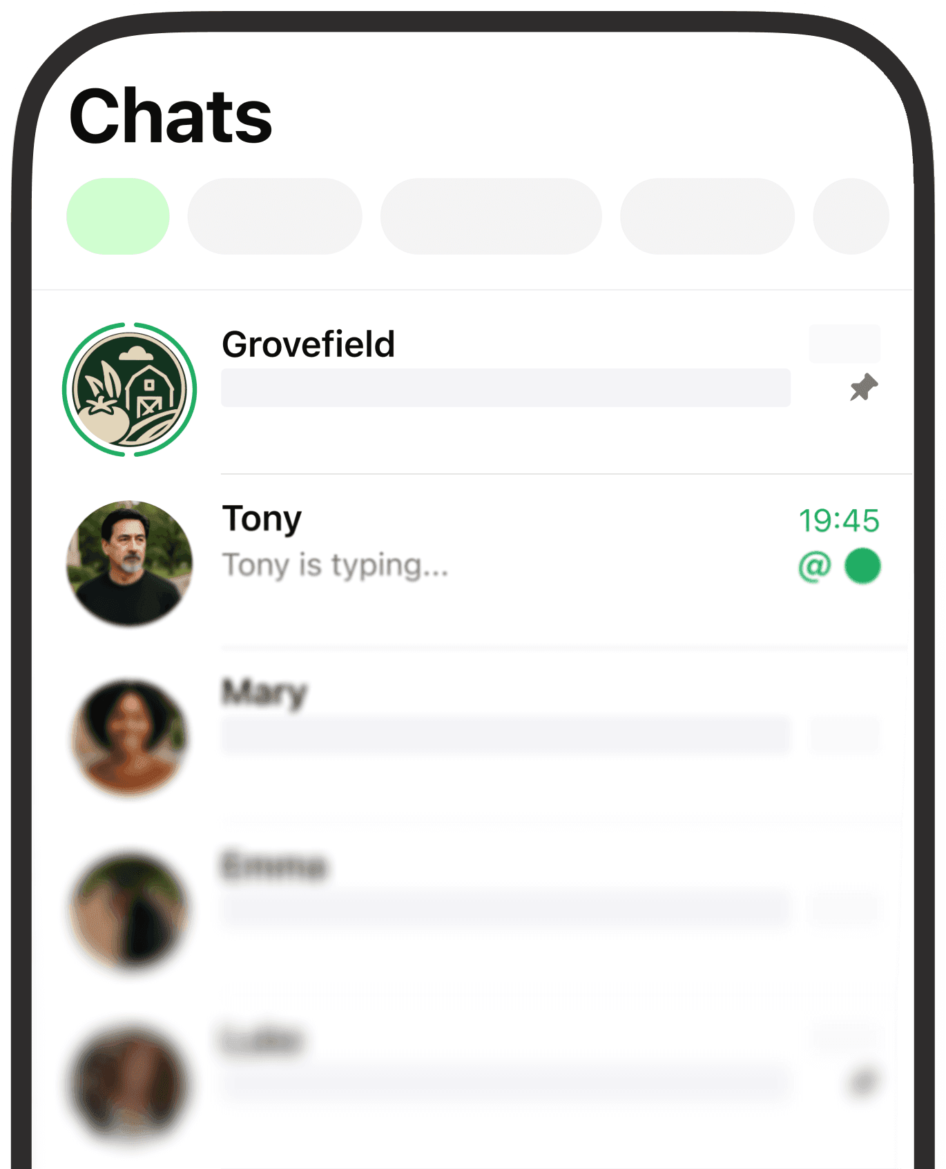 A mobile screen displaying a WhatsApp 'Chats' list, showing a 'Grovefield' notification and 'Tony is typing..