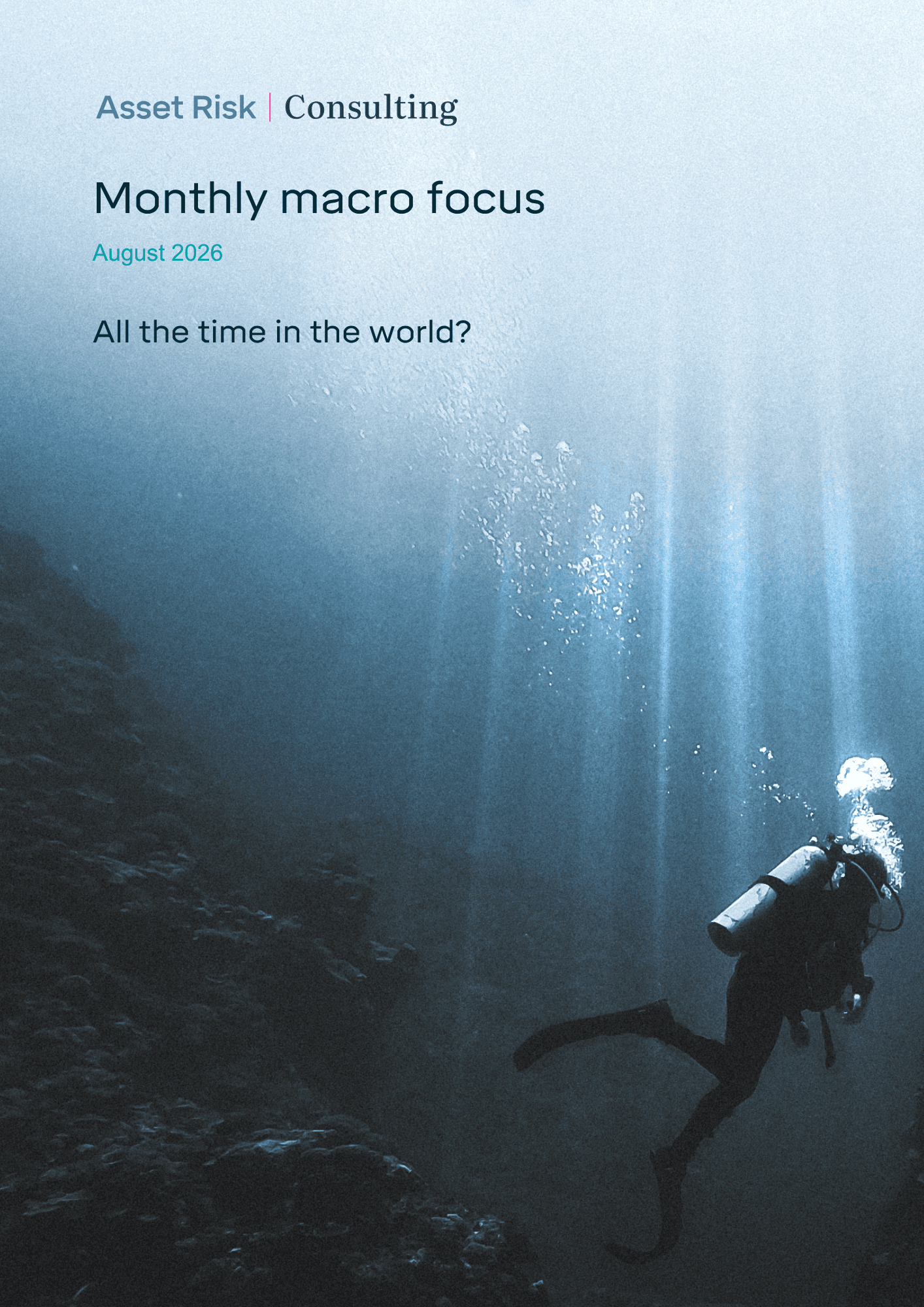 Scuba diver ascending through sunlit ocean water, illustrating long-term climate change, environmental risk and the investment implications of future regulation.