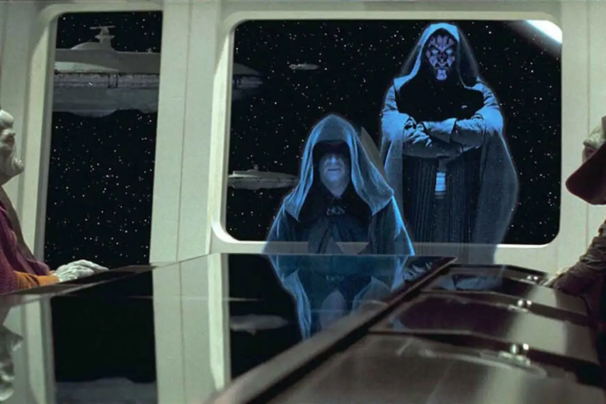 Darth Maul standing behind Darth Sidious on holocomm in The Phantom Menace.