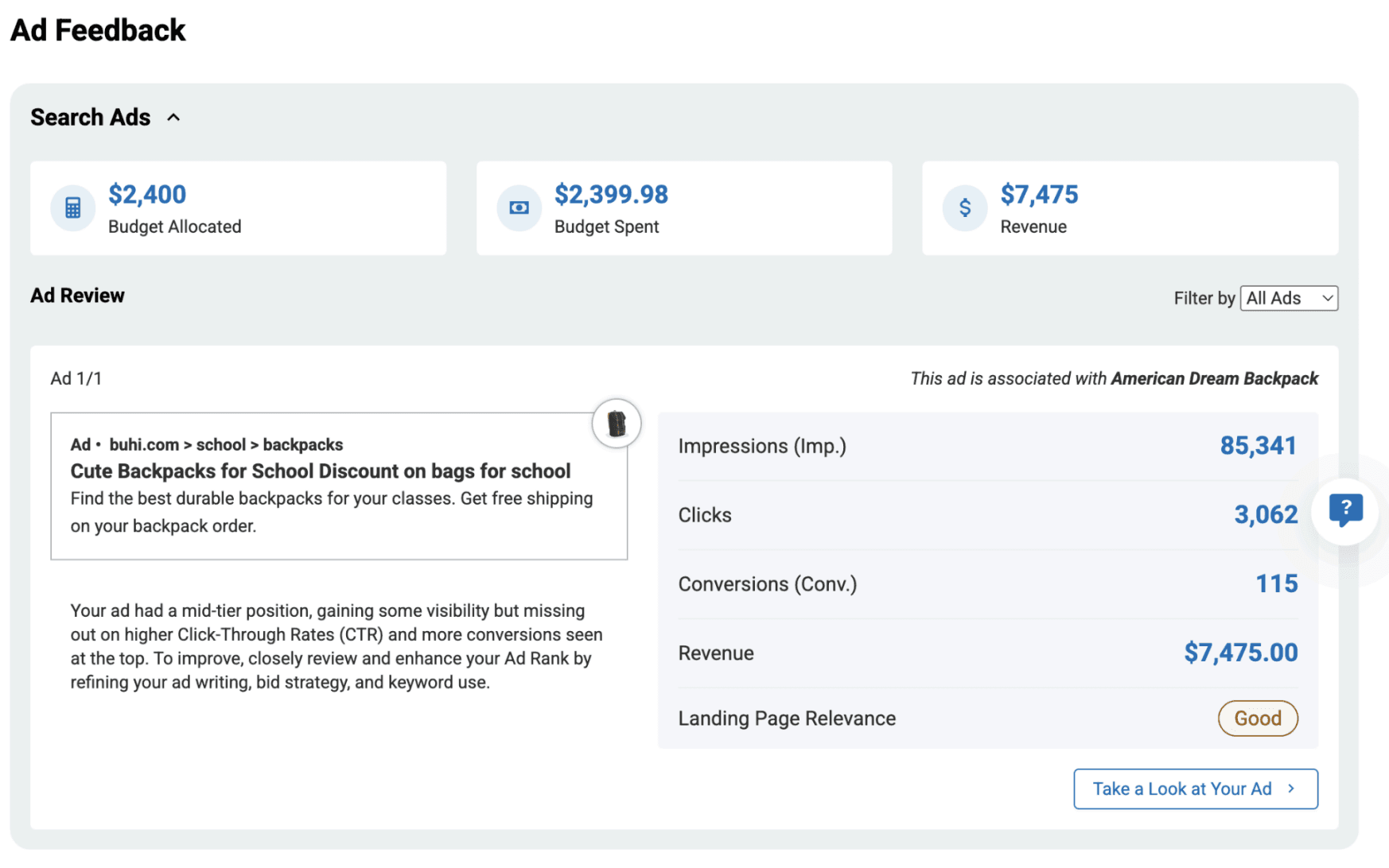 A screenshot from the Digital Marketing Simternship's ad feedback results screen