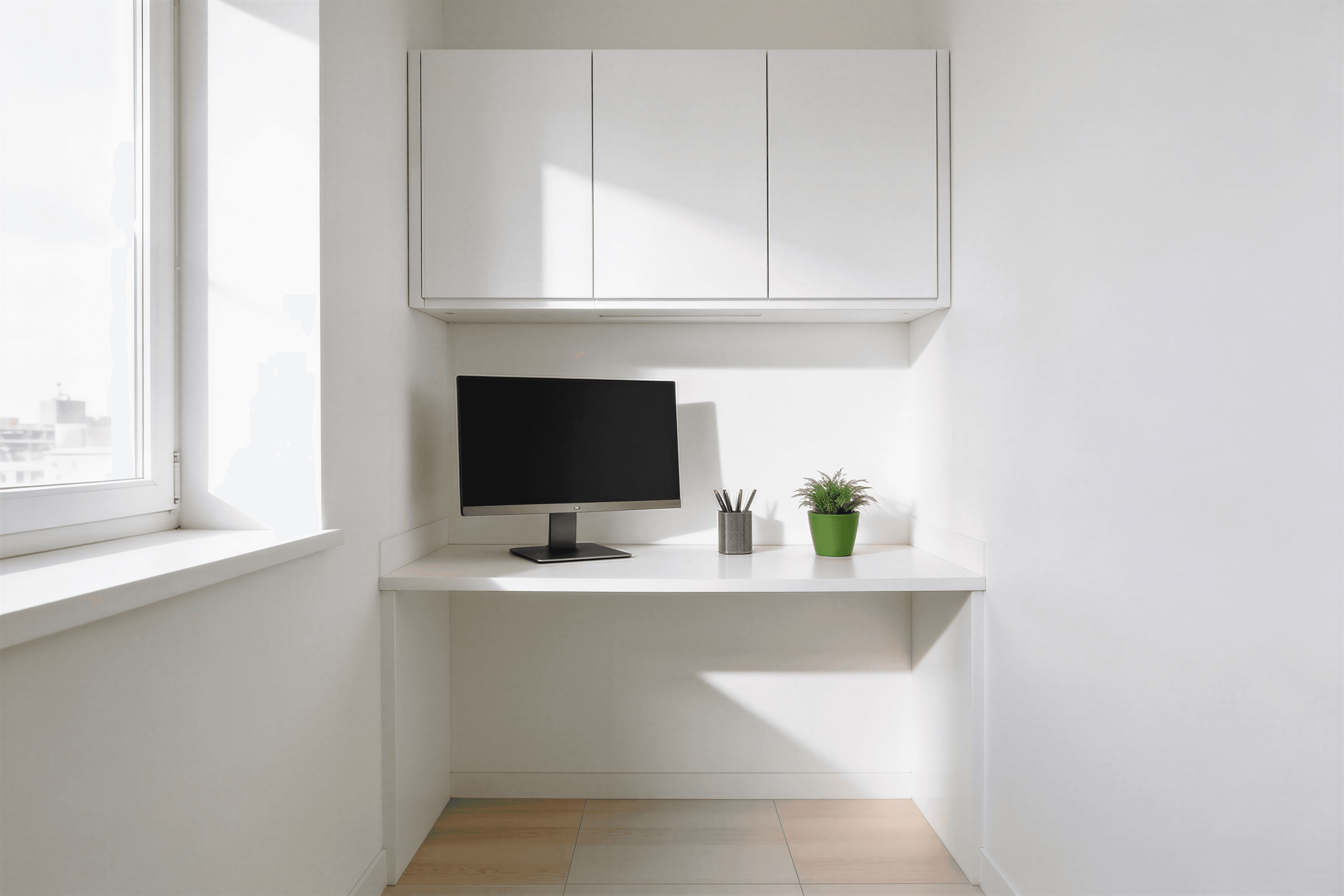 Colț de lucru minimalist alb, dulapuri suspendate și birou integrat lângă fereastră.