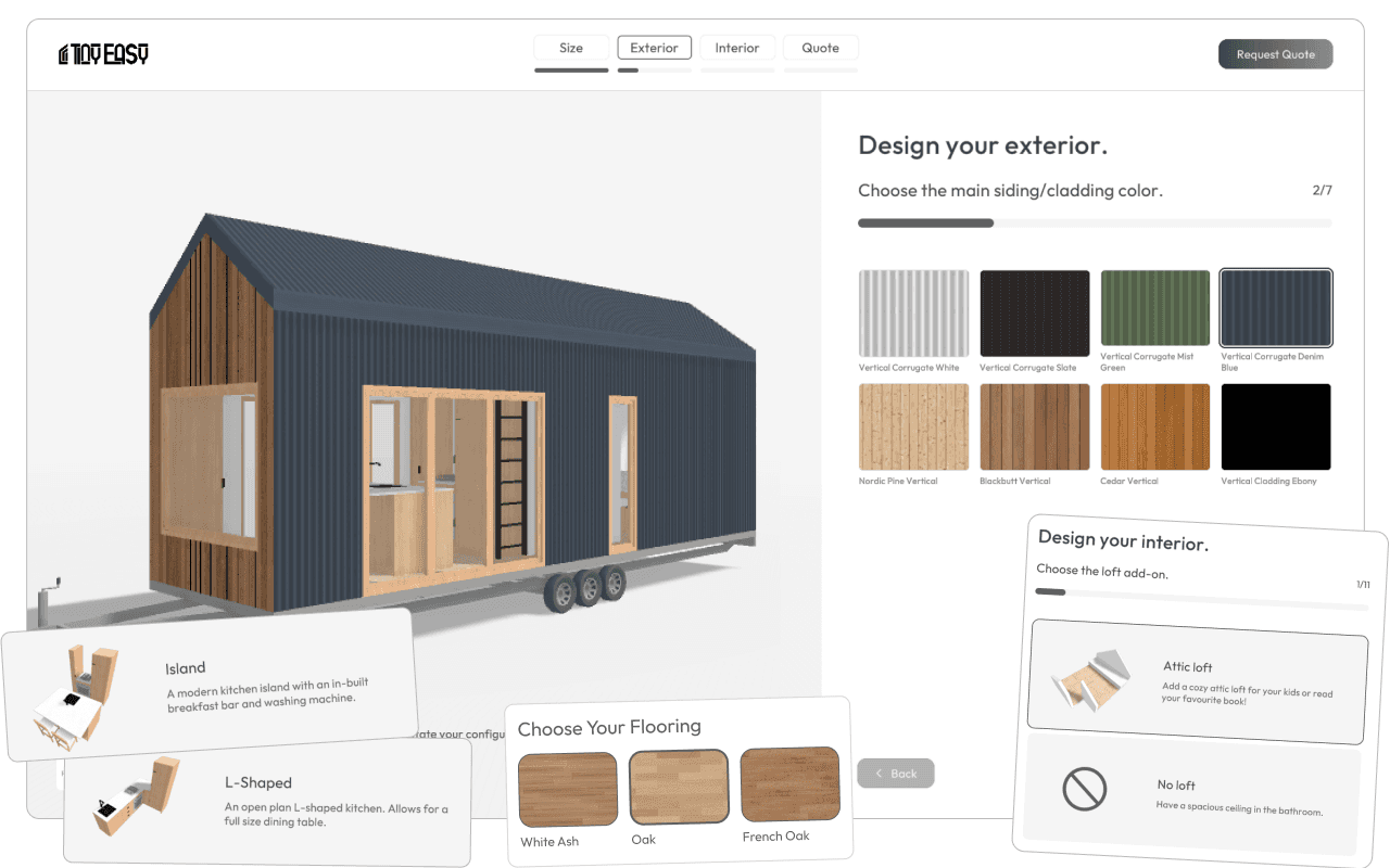 A collage of Tiny Easy's product configurator and the options available to anyone looking to customize a tiny home.