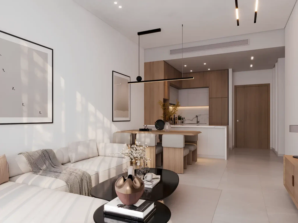 Contemporary living room with a dining area, including a table and chairs, designed for comfort and elegance.