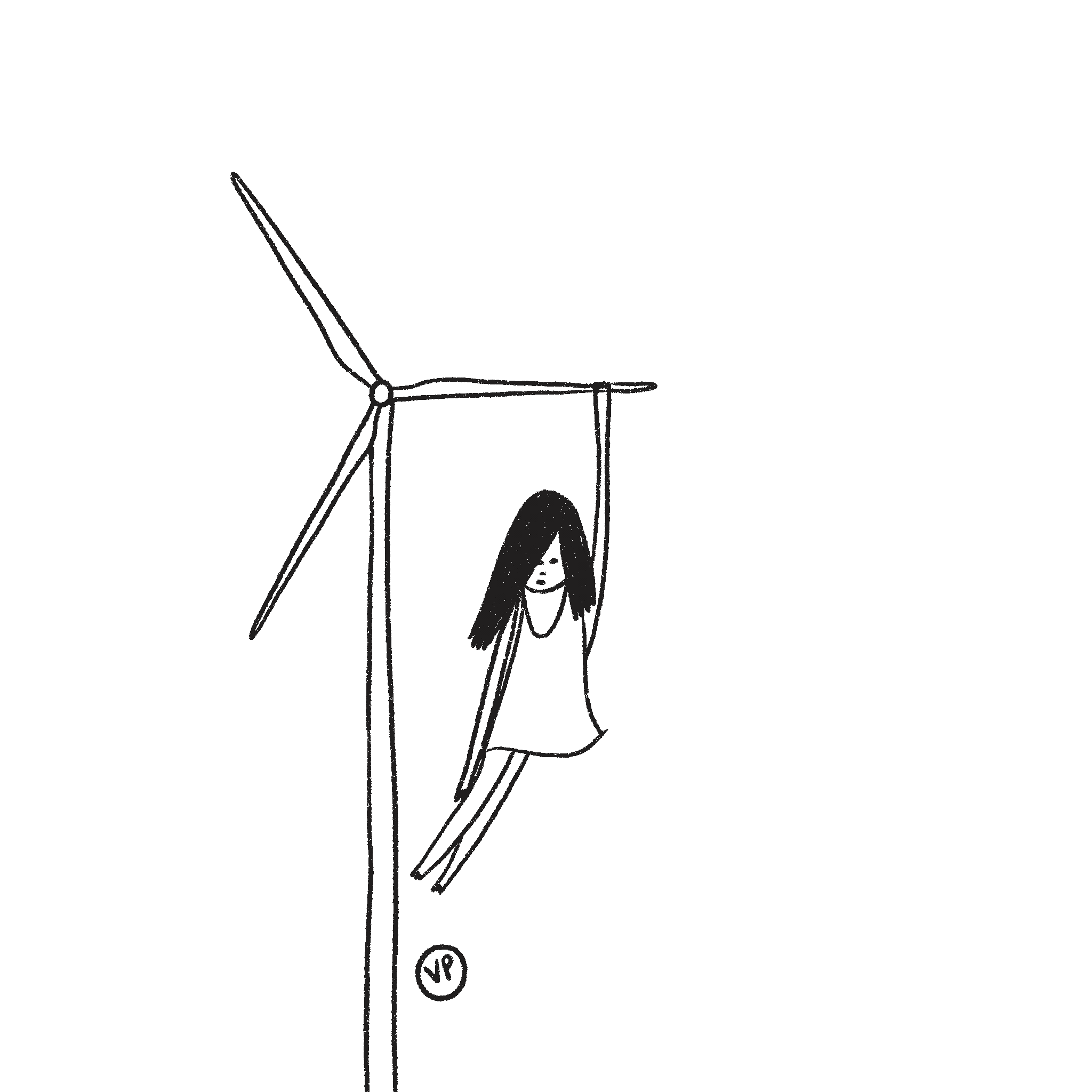 Girl swinging from wind turbine