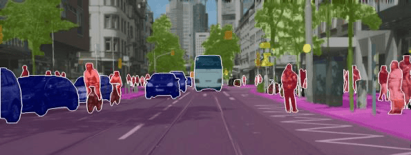 Semantic segmentation performed on an image of a road with cars and pedestrians