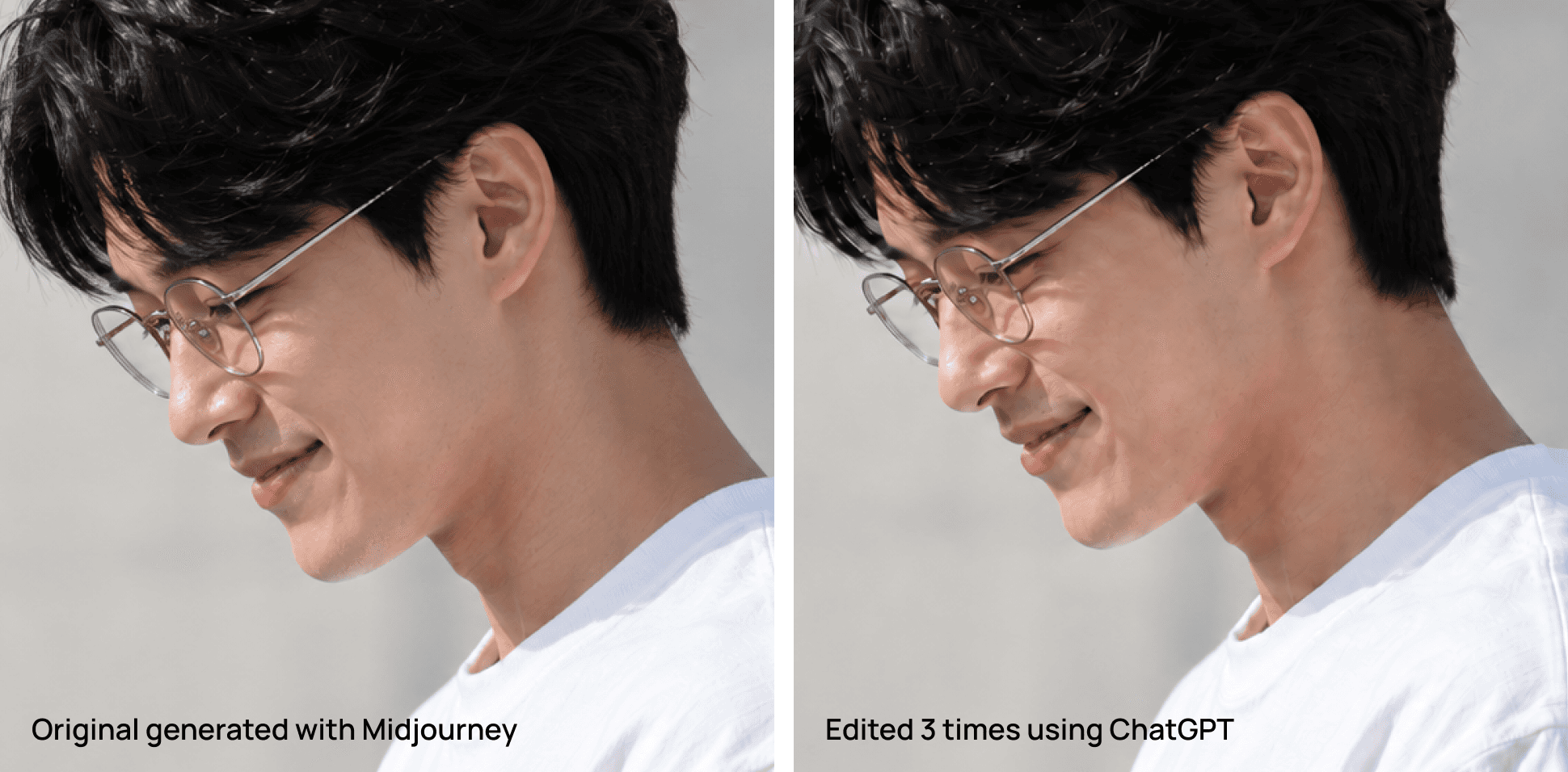 Comparison of an original Midjourney portrait and the portrait after three rounds of ChatGPT edits.