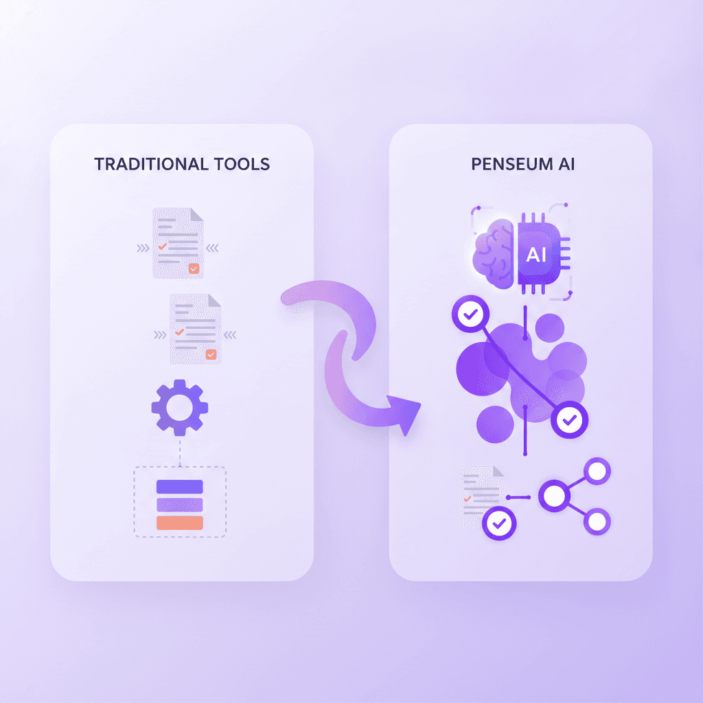 A feature comparison chart highlighting Penseum's AI capabilities against traditional tools.