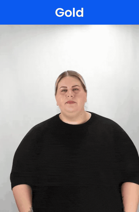 Animated GIF: a Deaf signer signs GOLD in ASL, the index finger touching beside the ear before the hand moves down and away.
