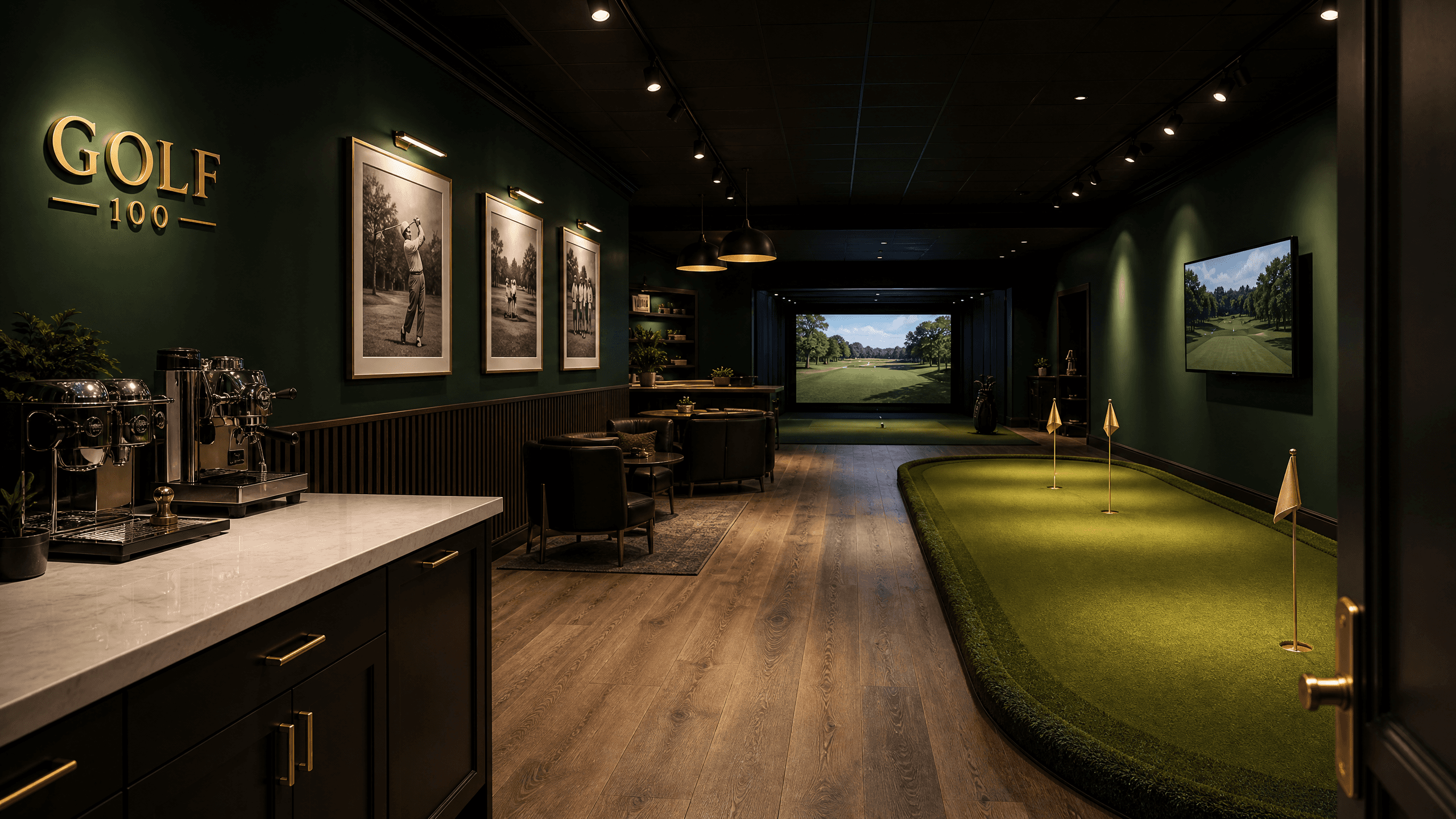 Golf 100 interior concept with TrackMan performance bay and putting green