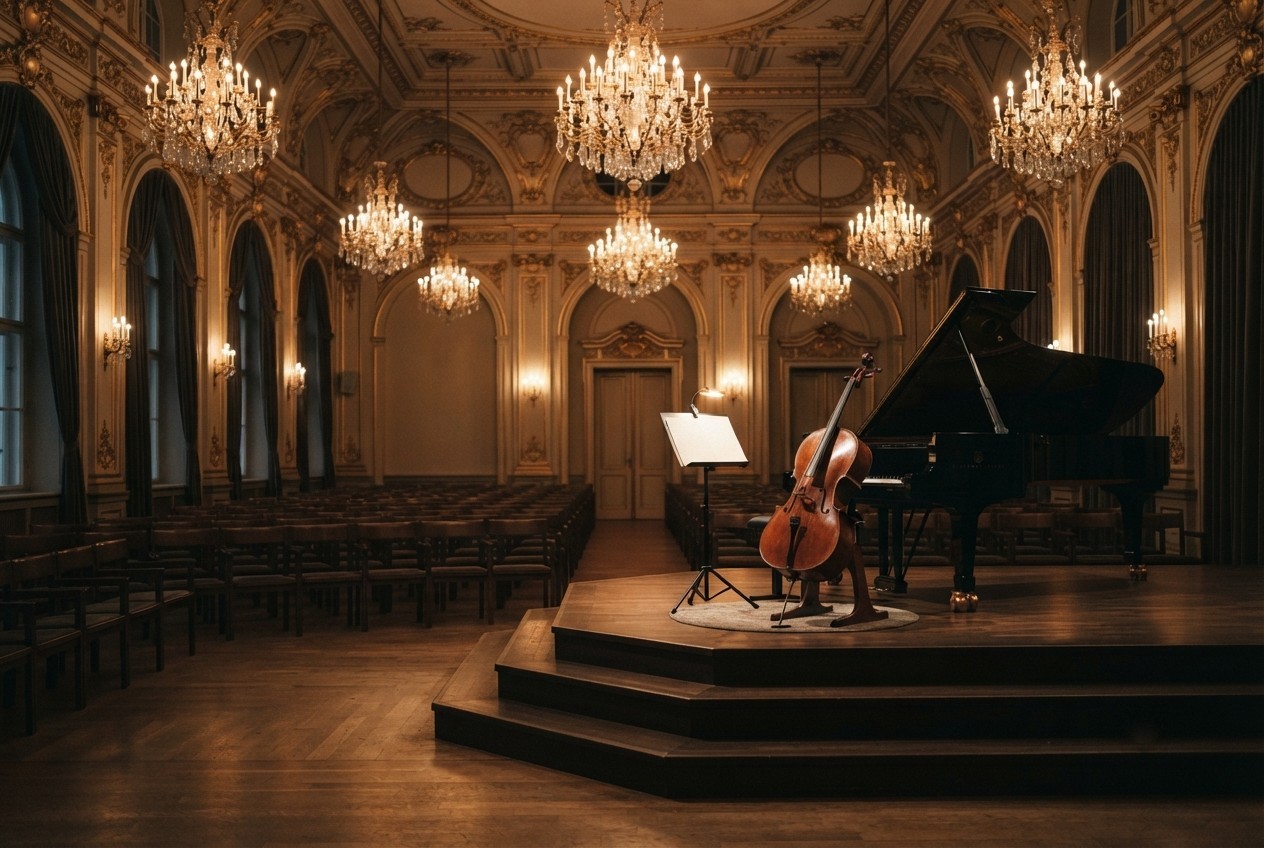 A chandeliered town-hall ballroom with cello and piano