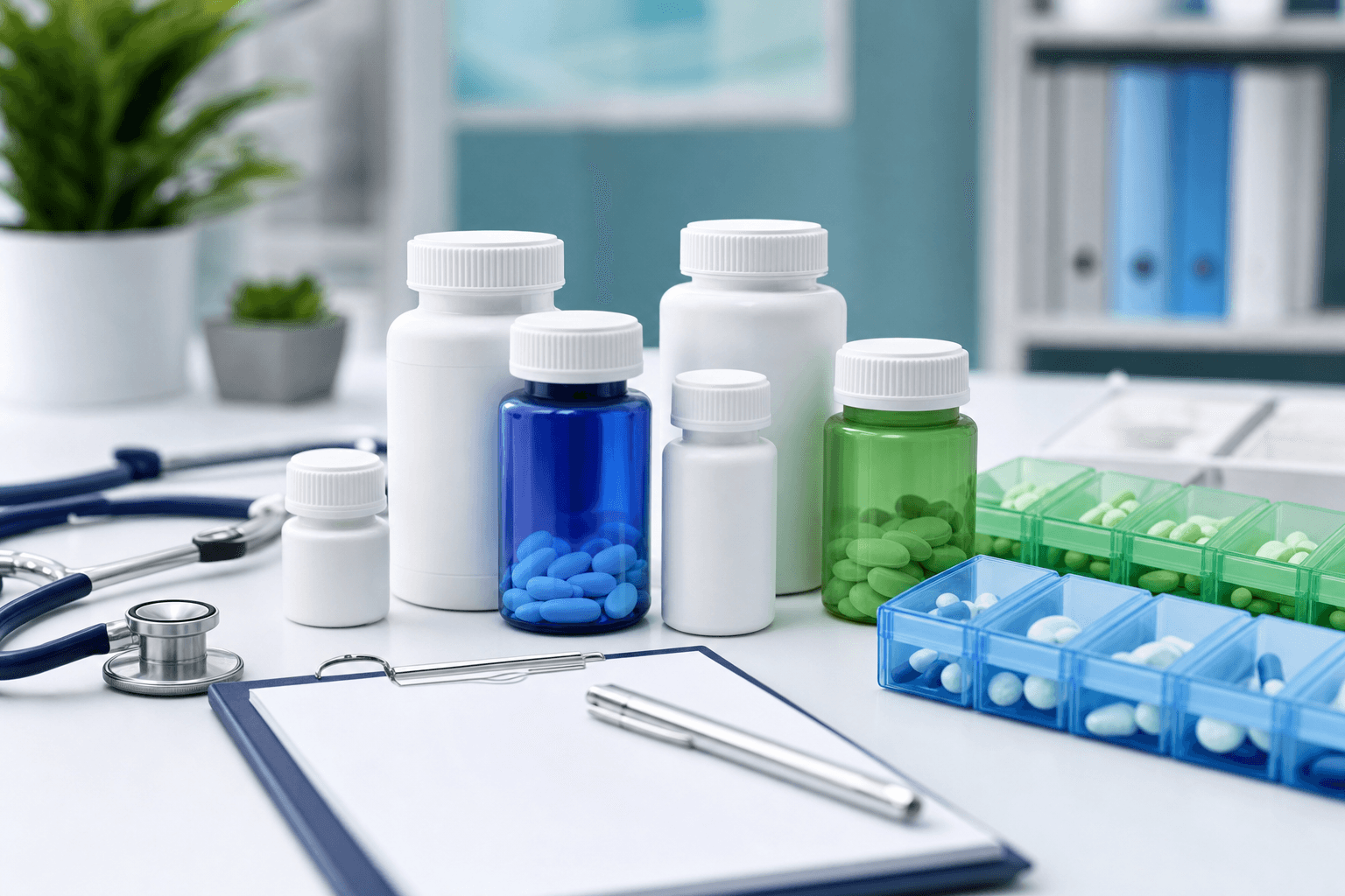 A clean, professional healthcare illustration showing ADHD medication bottles and pill organizers on a modern clinical desk surface. Include both stimulant and non-stimulant medication bottles arranged neatly with a prescription pad nearby. Use calming blues, whites, and greens with soft lighting. The scene should convey medical professionalism, safety, and organized healthcare. Minimalist, modern medical aesthetic with shallow depth of field. No text, words, letters, or labels visible on any bottles or surfaces.
