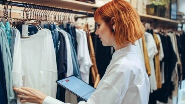 Mulher ruiva de perfil, vestindo camisa branca, segura um tablet enquanto analisa peças de roupa penduradas em uma arara.