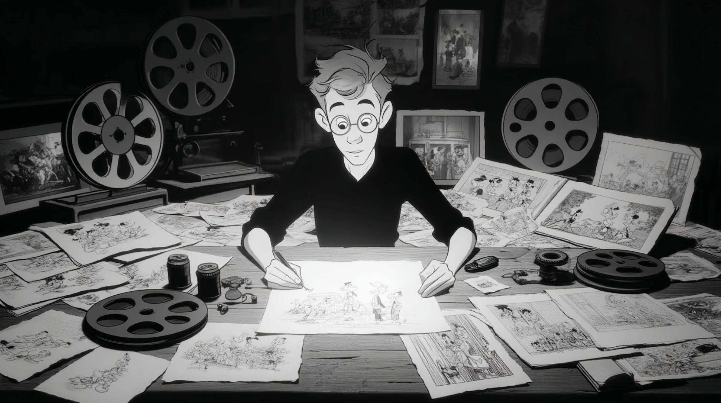 A young animator works alone at his desk, surrounded by sketches and film reels — the dawn of a dream where art becomes industry.