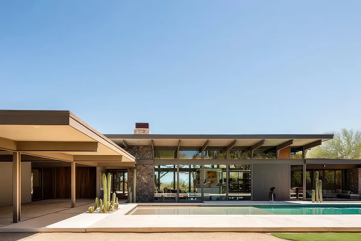 Mid-century modern house with pool and desert landscape.