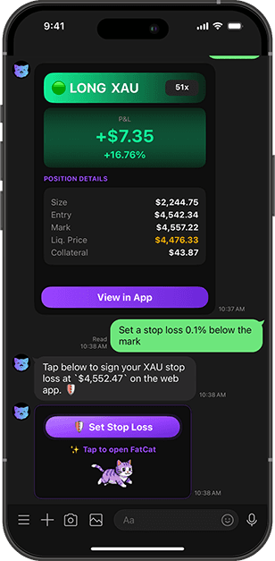 cell phone with FatCat app open in LINE showing a chat example
