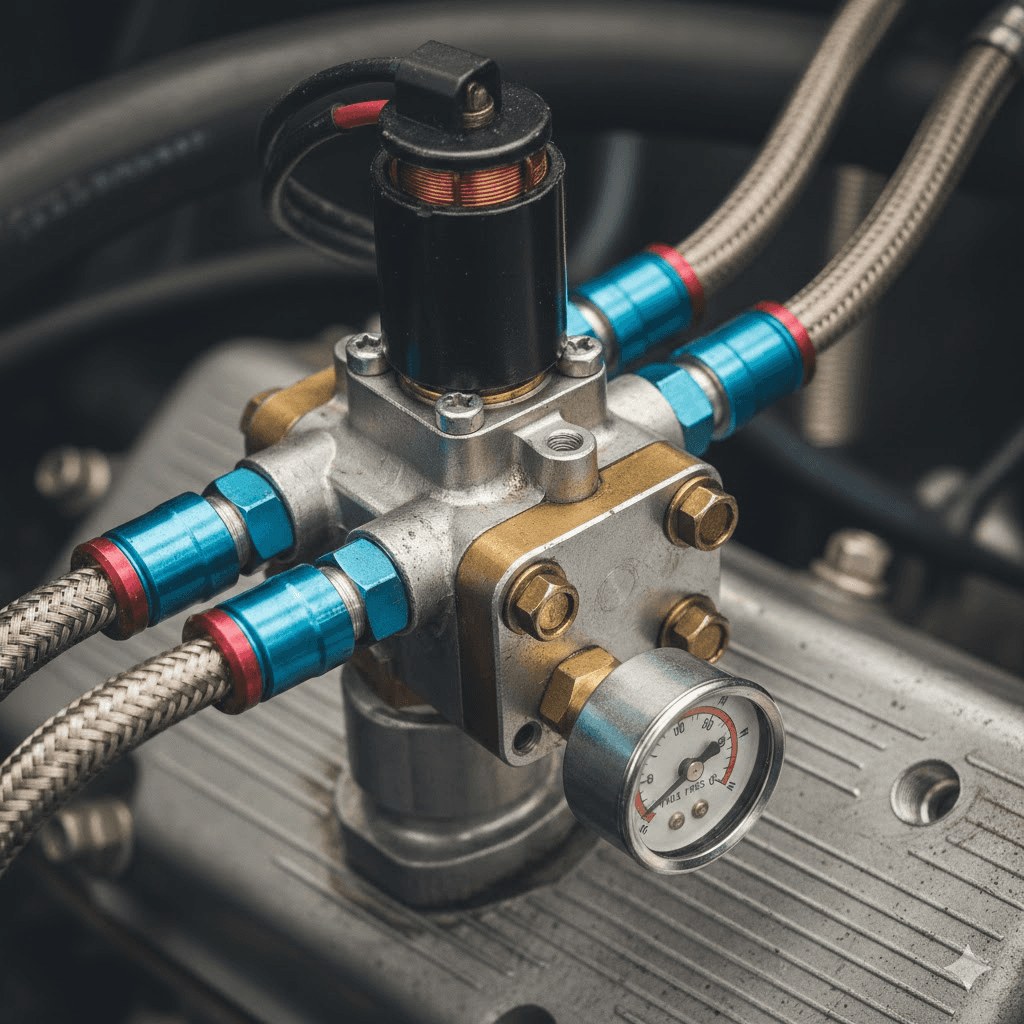 Close-up of industrial metal pipes and machinery.