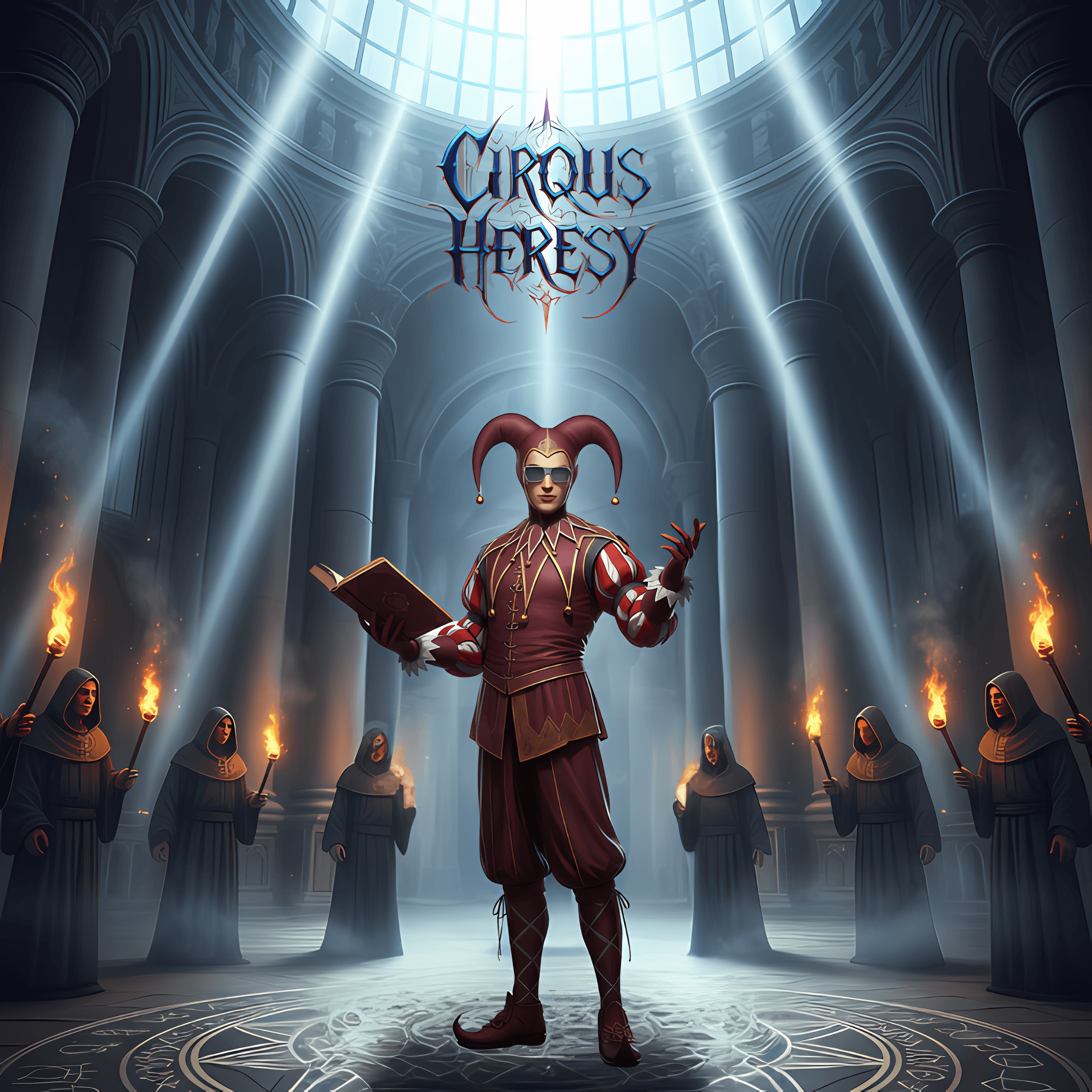 NFT artwork featuring the Temple of the Seekers from Cirqus Heresy: a glowing sanctum with ritual lighting, arcane architecture and a lone initiate standing before towering illuminated pillars — representing entry into the Order and the first stage of the path.
