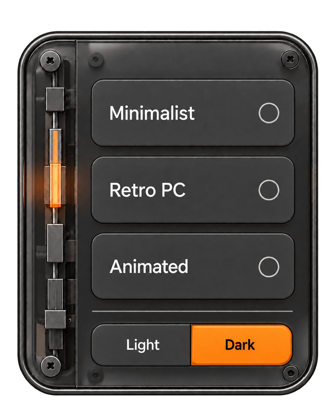 Glass style selector panel with Minimalist, Retro PC and Animated options.