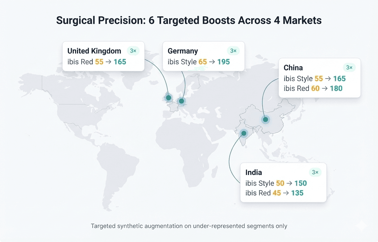 Strategic augmentation: 6 targeted boosts across 4 markets, leaving 24 segments untouched.