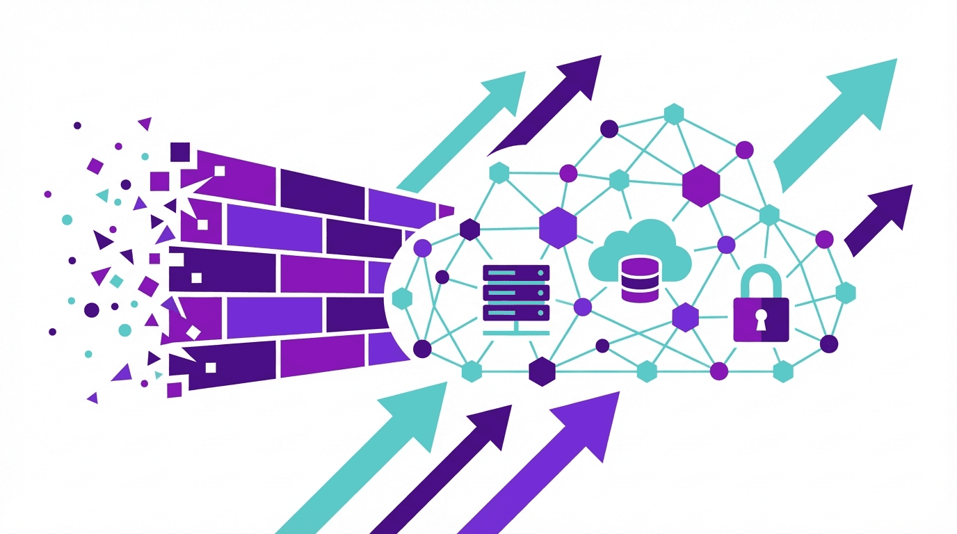 Graphic showing arrows and abstract shapes in purple and teal, symbolizing growth and dynamic movement.