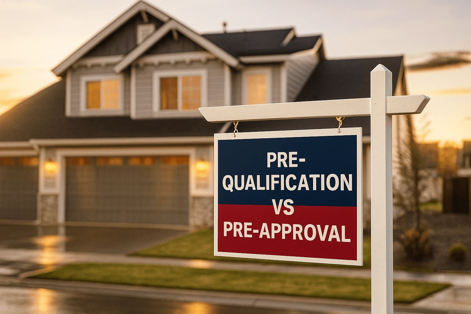Real estate sign in front of a house displaying the words “Pre-qualification vs. Pre-Approval”.
