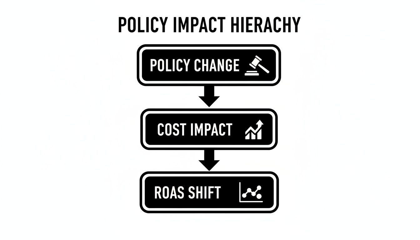 A flowchart titled 'Policy Impact Hierarchy' showing Policy Change leading to Cost Impact and then to ROAS Shift.