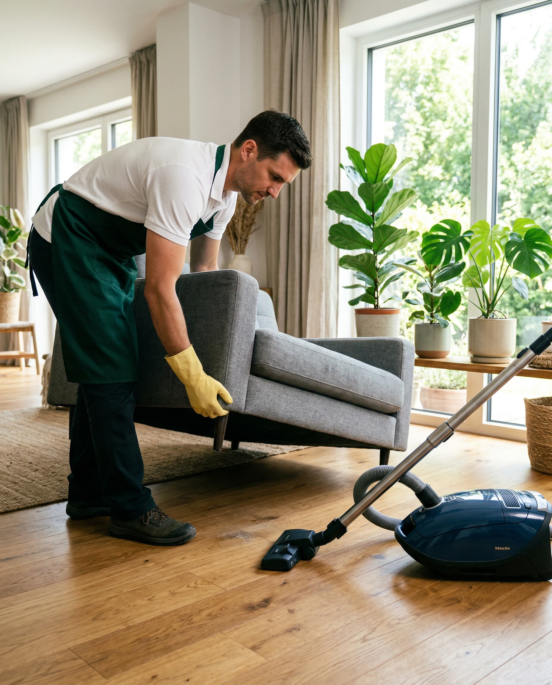 Man in gloves moves a couch while vacuuming a wooden floor.