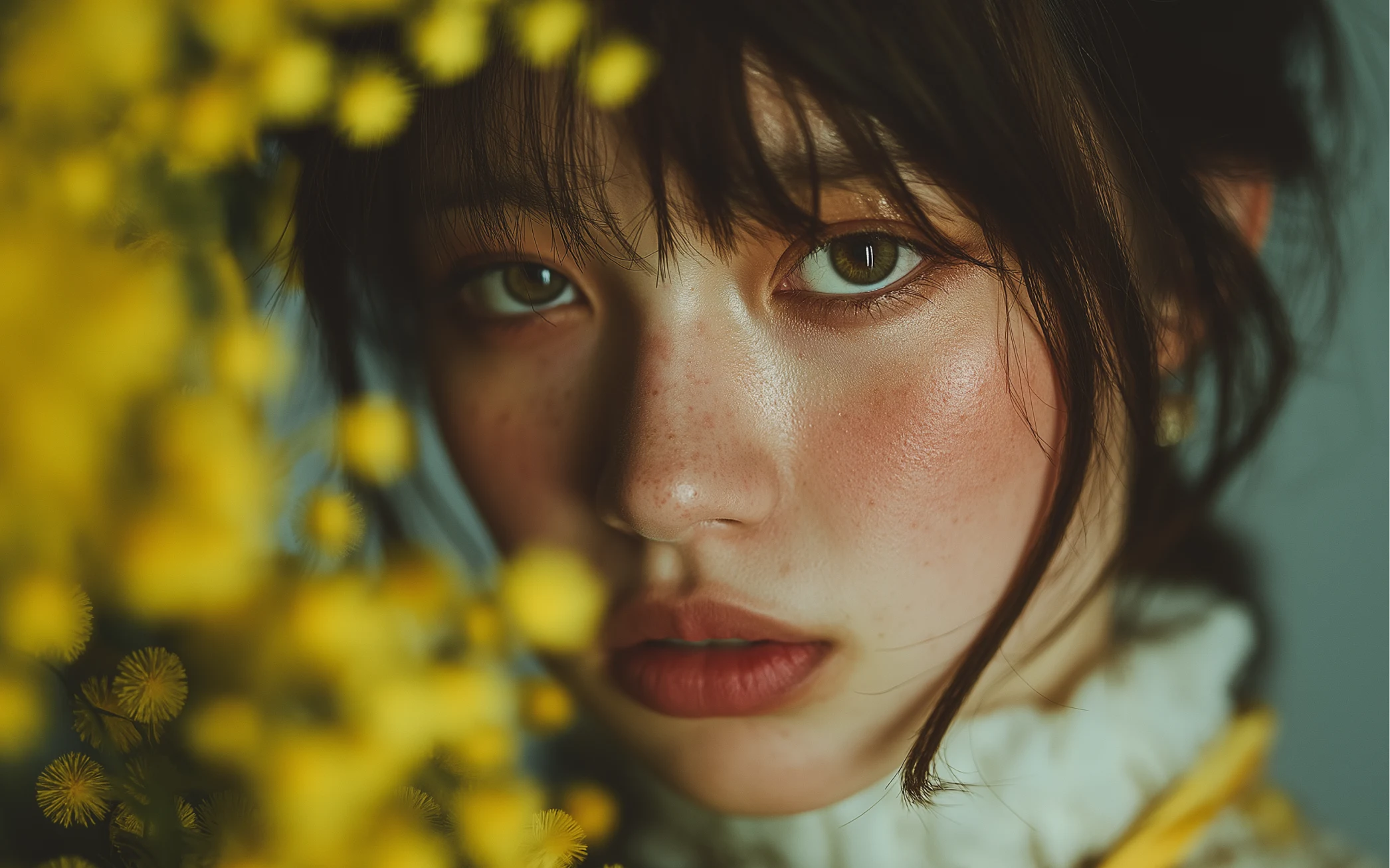 Close up portrait of a woman framed by yellow flowers